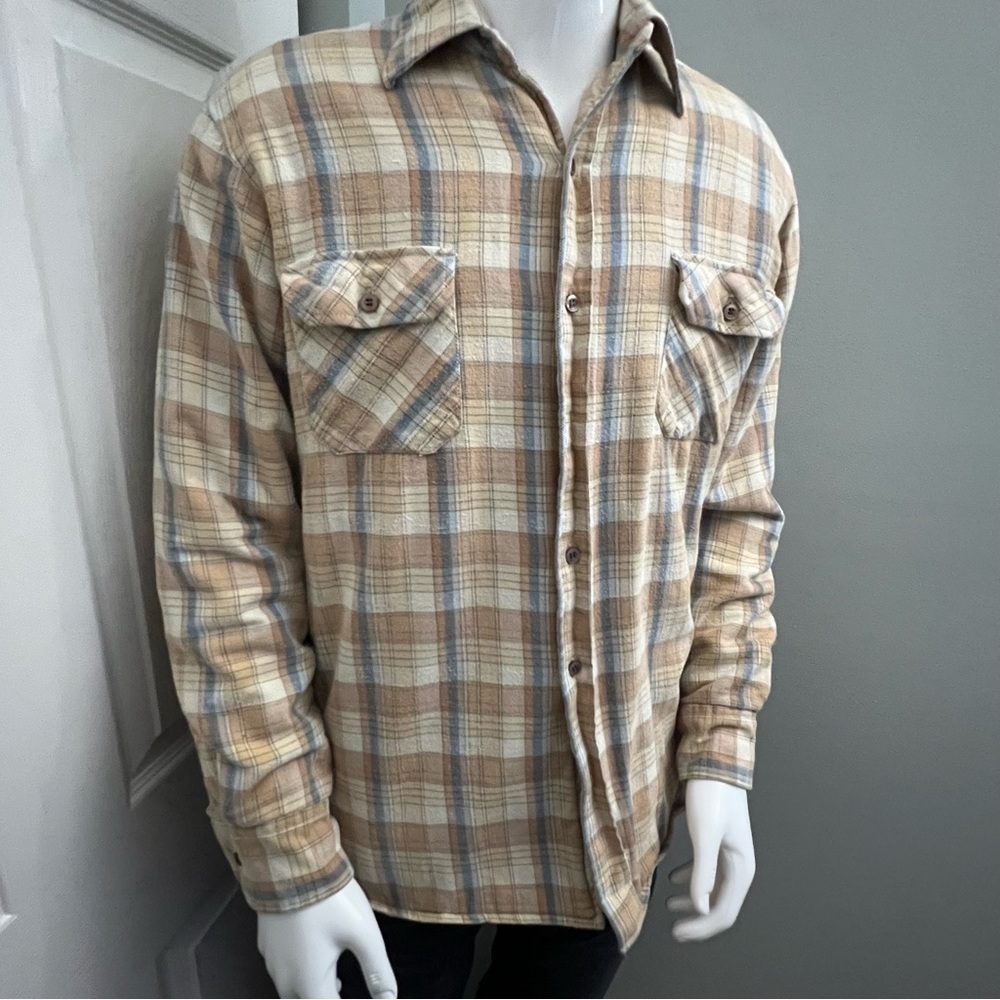 Back Packer Vintage Quilt Lined Flannel Shacket Tan Blue Size M